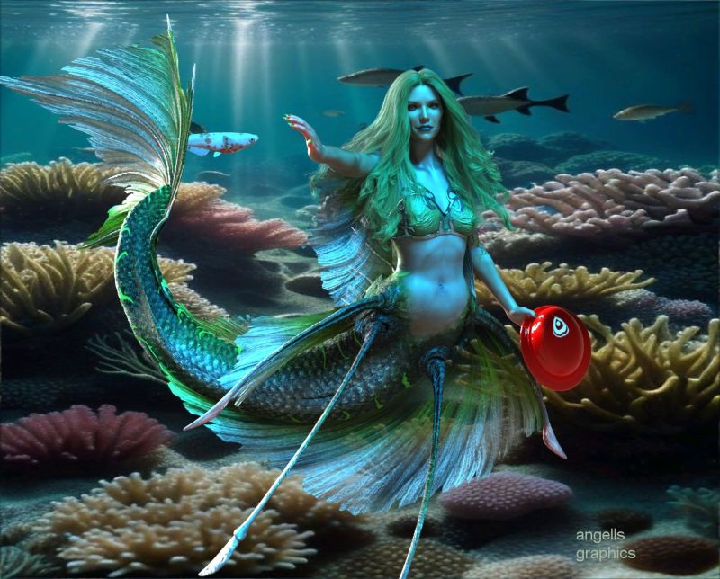 1st Place~The Merrow/SeaMaiden
The  Irish  denote a mermaid or sea-nymph, some tracing back to mythological tracts from the medieval to the post-medieval period. The Middle Irish murdúchann is a siren-like creature encountered by legendary ancestors of the Irish. The sea maiden had green hair and tail. She had a red hat that she would put on to become human and find a mate. 
Gen8f Aqua mermaid bg under the sea FA. Long hair , Daz3d. 
