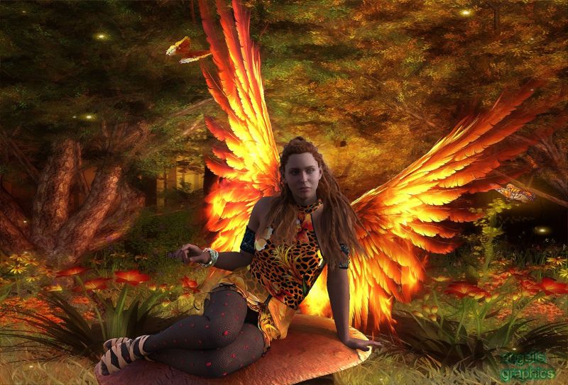 5th Place ~ Flaming Autum Fae
Sitting on a shroom relaxing, she changes wing textures with the season. Here she is wearing the phoenix flaming one.  
Keywords: flaming wings autum fae.