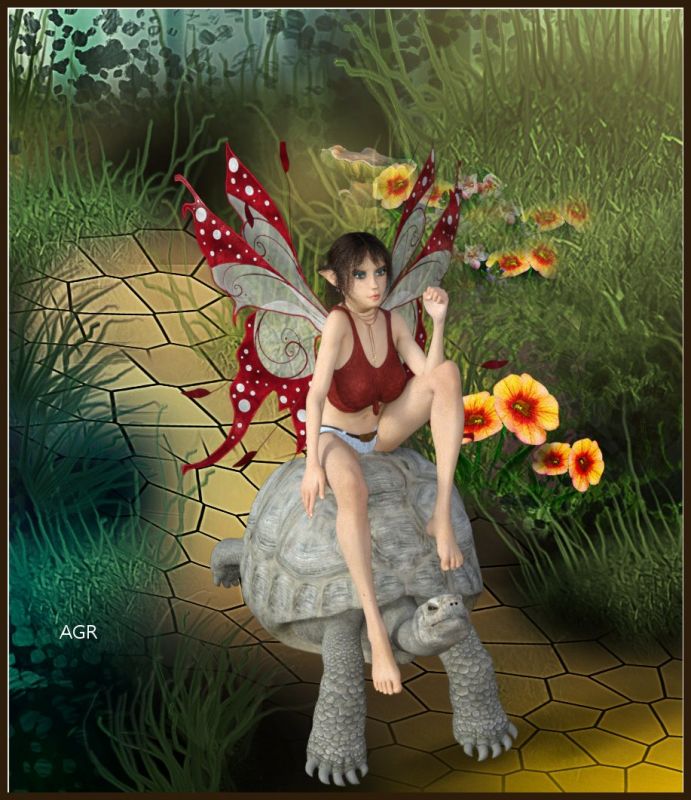 Small Transportation. 
Fairy taking a ride on a turtle.  Just wanted to try something with the DS Turtle for the first time. Just having been into much digital lately. 
Keywords: Fairy turtle ride path