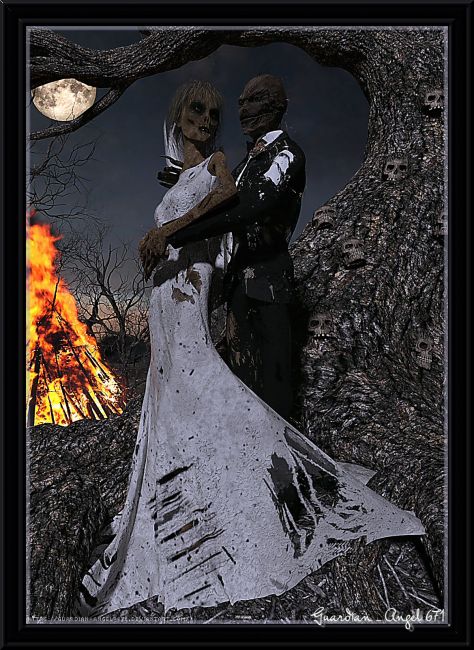 Haunted Bliss
This was my entry for DSA's 31 Days of Hell 2020 Halloween contest.
Halloween is a good time for even the scariest monsters to get a new beginning. Will they have a happy or scary honeymoon? The night is still young....
credits:
Creepy Forest - Alessandro_AM,LMX3D
Scarecrow for Genesis 8 Male - RawArt
Beretta for Honni 8 and G8F - DisparateDreamer,SpookieLilOne
Classic Tuxedo for Genesis 3 Male(s) - Daz Originals,Anna Benjamin,Mada
PTF Grungy Threads - Daz Originals,PixelTizzyFit
RP dForce Fantasy Bride - RPublishing,Rhiannon
Love Birds for DazStudio - RPublishing,DM
Nightmare Hair for Genesis 3 Female(s) and Male(s) - Prae
Iray Moon Prop and Camera (for DAZ Studio) - RawArt
Fast Flames Iray - Sickleyield 
Keywords: Halloween scarecrow monster contest Guardian-Angel-671