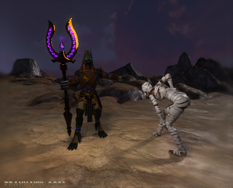 4th Place~Anubis Escorting the Dead
Anubis, also called Anpu, ancient Egyptian god of the dead, represented by a jackal or the figure of a man with the head of a jackal. In the Early Dynastic period and the Old Kingdom, he enjoyed a preeminent (though not exclusive) position as lord of the dead, but he was later overshadowed by Osiris.

Anubis | Ancient Egyptian God - Encyclopedia Britannica


Anubis: Summoners
Dead: Grace aka Victoria with Bandages and V4 Skeleton
Environ: TerraDome 2
Poser 11, Superfly
