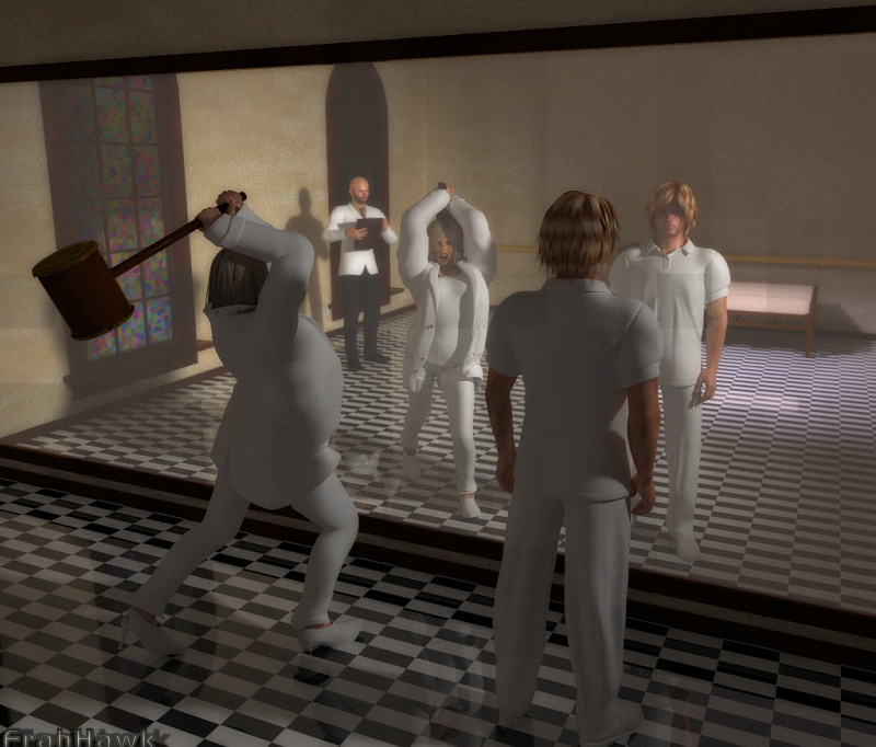 Do I smash the mirror?
Do you hear or fear...
Or do I smash the mirror!

From the Who rock opera, Tommy. 
Was listening to it the other day and there were 2 instances where mirrors are mentioned: at the doctor's office and when the mother and Tommy were alone. I thought to combine them together.

Done in Poser 11 Superfly 
Keywords: mirror Tommy Poser opera smash Superfly