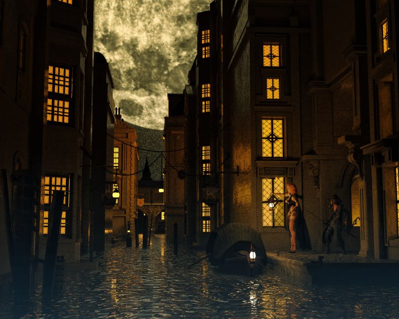 Moonlight Escape
Strange Goings on the Canals tonight!?  A Mistress See off Her Lover? A Skilled assassin Waits in the Shadows to Strike? A Little from column A and a little From column B. Maybe The Moon Knows What is going on in this Moonlight Escape? Vampires?! Maybe Normal Everyday Night Deliveries! Costume Party? Old Stuff found on Hard Drive and Turned into This Cause I Have Never Found a good Use for it! o.o The World may Never Know!

