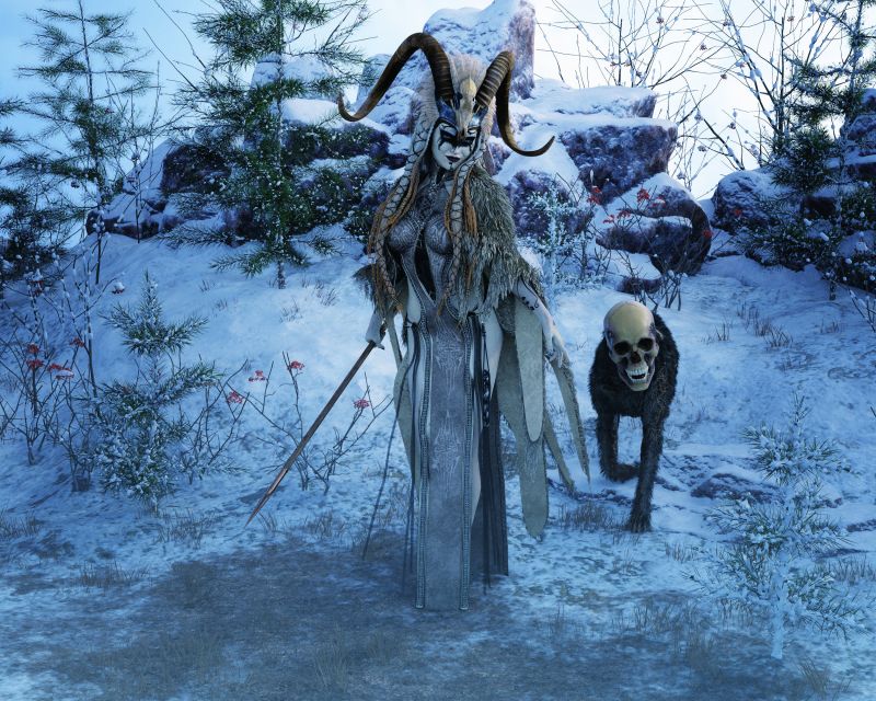 Skadi Winter Hunt
A jötunn Norse mythology, they are often contrasted with gods and other non-human figures, such as dwarfs and elves. Skadi is Often Represent the Harshness of Winter. 

