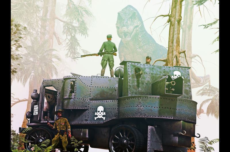 "A Big Lizard"
Troopers of the elite Industrialist hunter unit, scoffed when informed that their next assignment would be to track down and destroy "a big lizard" that had been reeking havoc on the livestock of the empires frontier plantations. The sole scout trooper that survived the first encounter would suggest that the woefully inadequate description of "a big lizard" was an intelligence deficiency that served as the key component resulting in the expeditions failure.
Keywords: Lizard Soldier Rifle Car jungle cannon battle scout 