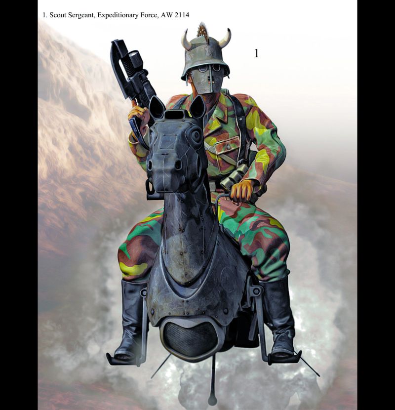 Scout Sergeant
A friend of mine sent me a flying mechanical horse he created - I had no idea what to do with a flying mechanical horse. Then I was at a hobby store and saw some "Men-At-Arms" uniform booklets featuring men of different era's in uniform passing around cigarettes or looking at maps so I thought I'd make my own ... only with a flying horse ;^)
Keywords: Horse Soldier War Gun Scout Uniform