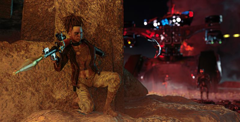 I'm going to need more rockets ...
A friendly game of whack a mole ... with Terminators. 
Keywords: Robot rocket scifi war battle tank