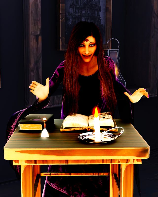 Bell Book and Candle
Morgaine finally found the spell she was looming for.
13hrs to render the foreground and another 5 to render the background.  
Keywords: Arthurian