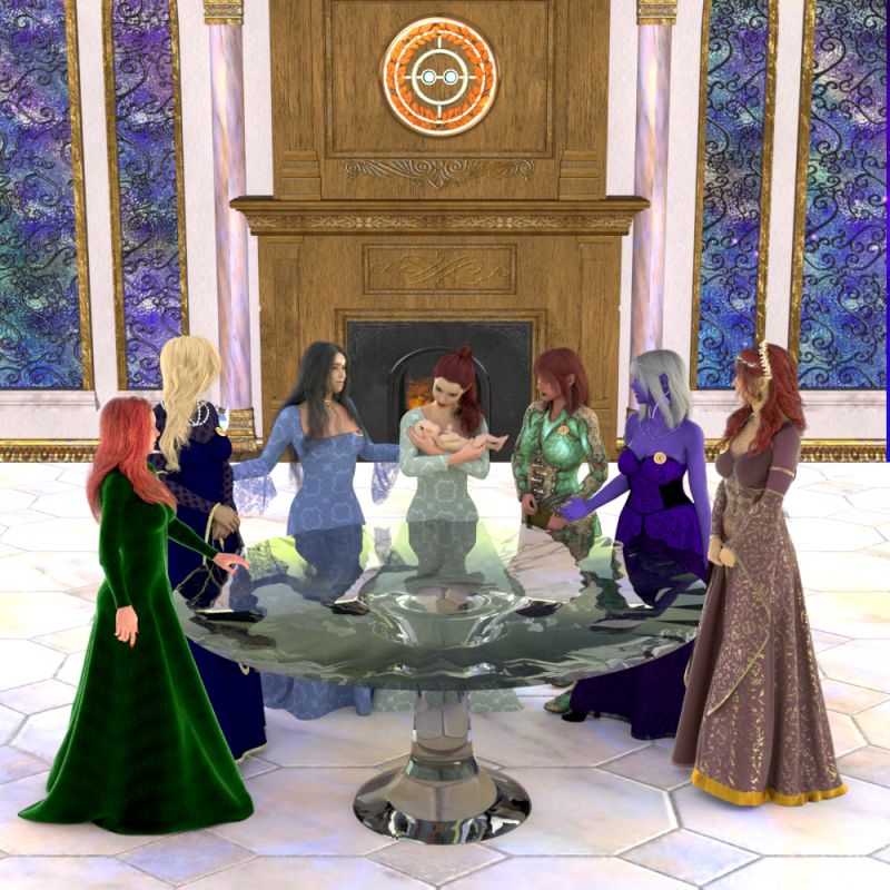 The Original Council of Sisters
The original Council of Sisters at the Quartz Table. When the Sisters assemble to vote on anything this table is summoned and votes are cast by placing their Sigils on the table. Face up for Yay and Face down for Nay. From Right to left they are Tiriara, Iolena, Elanil, Marial with her infant son Eiluned, Ryllae, Ilvaria and Arizelle.
Keywords: Fantasy