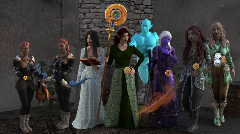 Sisters of The Sylvan Covenant
From Left to Right:
Tiriara, Ryllae, Elanil, Marial with Volodar, Ilvaria, Arizelle and Iolena
Keywords: Fantasy