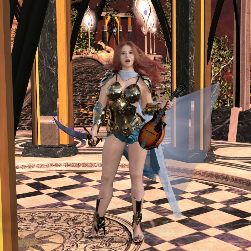 Tiriara The Bard
Tiriara with her Singing Short Sword and Mandolin.  I didn't like the hair on her first render and didn't like the pose on that last one so I deleted it and reworked it so she doesn't look so stiff.  Now I'm happy with her.  Made her on G9 and played with the wind node.
Keywords: Fantasy
