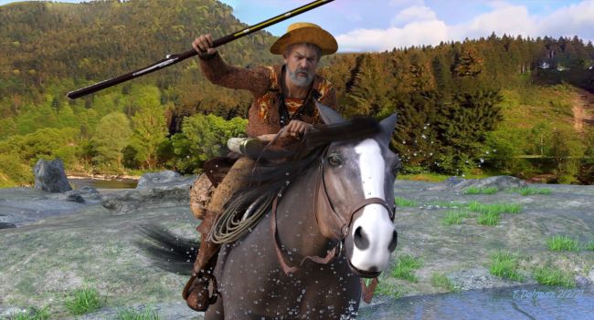 The Wild Frontier
~TOTW Winner Wk of 2/6/21~
Inspired by a magazine cover.
Genesis 8M with Floyd materials, Daz Horse 2,with modified face materials. Attempted to create leather "fringe" failed miserably.. 
Keywords: TOTW Winner Wk of 2/6/21