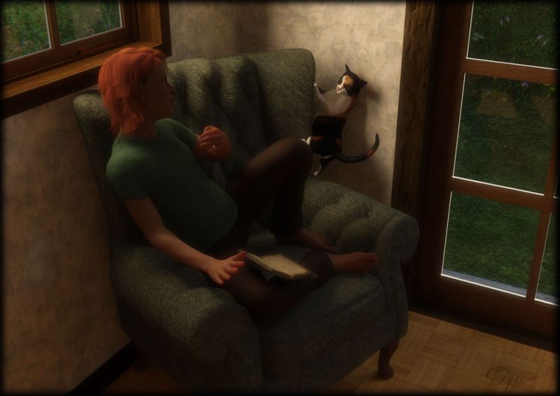 My Chair
Kitt is not one to share a chair...and can be quite inventive about how she gets it back.

This was the scene I saw over the top of my screen the other day when Kitt wanted the chair Faelan was sitting in reading lol
