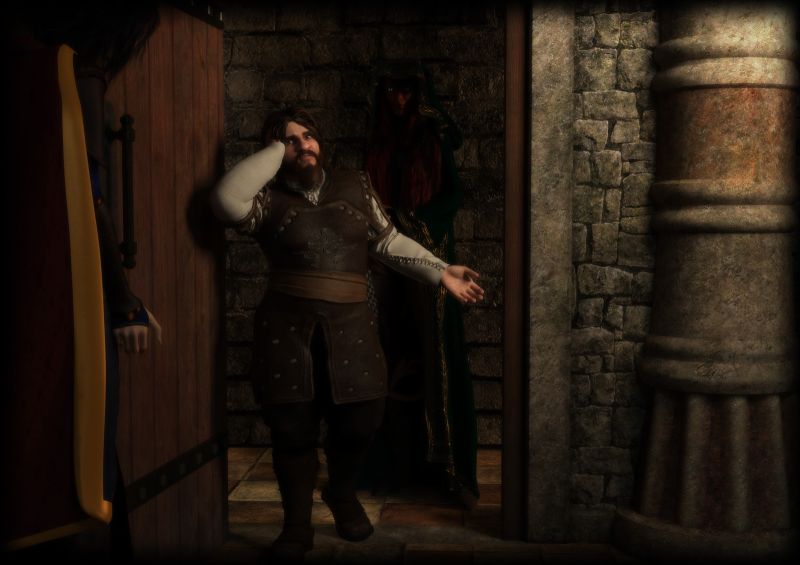 The new Cleric~1st Place
Back in their rooms in the Dwaven hold there was a knock at the door, when Lilac opened it Nundro was standing outside with a cloaked figure behind him.
"ah um so I knew you didn't have anyone in your party that can heal and happened to mention it to the head of the Emerald Enclave and she offered one of her clerics to you for when we go back to Wave Ecoh cave... um ah so this is Phigoria Rexes...ah I'll leave you to get acquainted.."

This is taken from our current campaign when we meet our new cleric.
