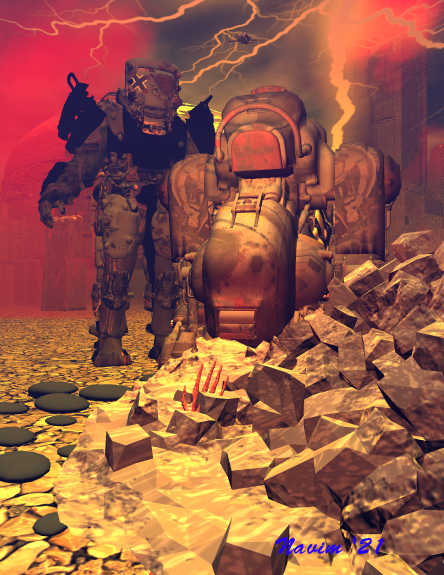 Tank Dog and Handler
~TOTW WINNER WK OF 4/17/21~

It scares me to think of how much time was spent on this image. Finally satisfied though. Typical dystopianesque WWIII imagery. One spherical plane for the lightening and one symmetrical cloud plane for the reddish effects. Three lights. Main models are from Sandro Paggi aka Summoner one of my fave modelers. Gritty ground surface from Daz Bryce models. Brick pile a freebie from turbosquid. It was re-textured using a pitted concrete mat. The background buildings are from sharecg. and were re-matted to give them a war zone look. Forgot where the skeleton arm came from but a search for 3d skeleton models should produce results. As to the foreground rocks those are available from many sources, The buzz bomb is from sharecg, (Top center)
Keywords: TOTW Winner 4/17/21 Dystopia future robots war