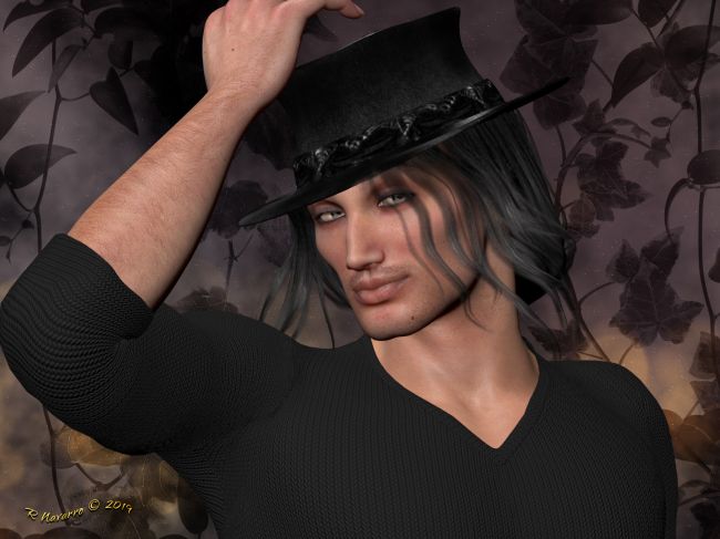 Djinn De'Vere 
Doesn't look like much, does it? Well, I wasn't happy with his face and 
I spent about 4 and a half days just getting it like I wanted it. So much
for looks being deceiving! I spent another day doing his skin over and
making his face like I wanted it. 

Djinn is Justin Case's little brother, and like Justin, is French-Indian. He is
also a born Vampire/Werewolf - a Hybrid. Everyone shiver now. Oooooo. 
Born that way is not the same as 'being made' so quit shivering  ~;-> 

