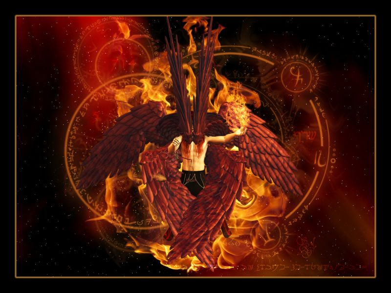 "Why do you ask my name?
It is beyond understanding." ~ Judges 13:18

The figure within is a seraph. The word 'seraph' means "fiery serpent" in Hebrew, and indeed they were angels of the element of fire. They were also those who carried out judgment. 

The seraphim (pl.) have six wings.

Done for a good friend. zOOm is best. Thank you for looking! 
