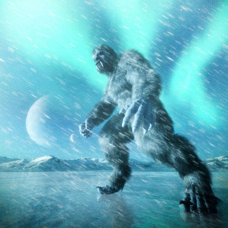 Abominable
I loved the website link so I merged 2 Mythologies together to make my own.  Abominable Snowman and Aurora Borealis ... if I had to guess what special powers my Abominable has, it would be... avoiding the cameras of so many who 'think' they have seen him!
Keywords: snow blizzard ice aurora