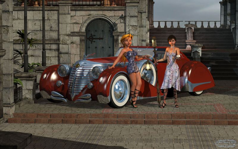 I Think They Forgave Me....
Well, I didn't think the Girls were ever going to forgive me for the pageant thing.... but it seems they have! I didn't think they'd ever stop......uh......hugging me!

All it took was a shiny new car......and new dresses.......and shoes......... Sheesh... The Girls say "We don't need no stinking pageants!" LOL!

When I first saw this amazing car by DreamDesigner over at RDNA, I had to have it! I gave it a new paint job for this render (both girls love red), and they wanted a classic setting for this beautiful car, so we chose Stonemason's excellent Village Courtyard (DAZ).

Hope you enjoy the Girls' little photo-fantasy as much as I enjoyed making it!

Keywords: Car, Classic, Glamour, G4, arawen, TNA, Poser