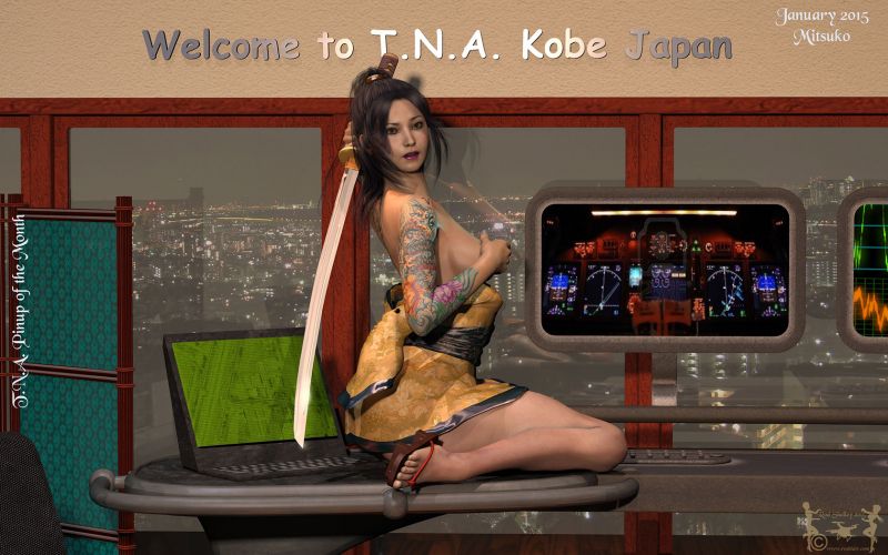 T.N.A. Pinup of the Month - January 2015
Now that January is half over, here - finally - is the first in our Pinups for 2015.

Meet Mitsuko, from our newly opened office in Kobe, Japan! Mitsuko is an expert in many forms of martial arts, including Aikido, Judo, Karate, Kung Fu, Taekwondo, Kendo, Kenjutsu, and has the black belt in many of them.

Mitsuko will be traveling frequently between Japan and the USA, as she has taken the position of Master Martial Arts Trainer at T.N.A. after the retirement of our previous instructor. Plus, she likes to get into the action herself every now and then, so who knows where and when she will show up! She just told me to tell Fujiko-san to drop by anytime, and she'll show you around! :-D

Mitsuko is by our friends Jenny and Rob - AKA Pixeluna and Shadownet along with the expansion set, Shadow of Jingu. Both are available at RDNA. Thanks for sending her over, Lil' Sis! I know she'll keep the Girls in top shape!

Sorry for my long absence - things here have been nuts lately with my job, plus I've been spending time trying to learn some new applications. Still getting my head wrapped around Blacksmith and Curvy 3D - and a few other things as well.

I'll be getting back to posting the older T.N.A. episodes, if not tonight, at least over the weekend.

Thanks for dropping by and for any comments you wish to leave. I appreciate them all. 
Keywords: pinup tna poser photoshop