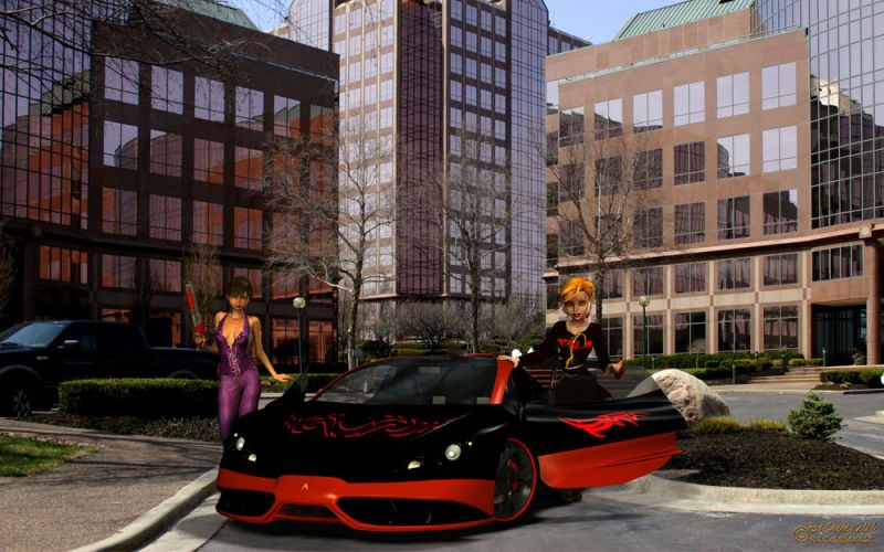 Girls From T.N.A. Intro 1
Sequestered away in a nondescript office park is the World Headquarters for a top-secret organization simply known as T.N.A. It’s so secret, even I don’t know what it stands for, but rumor claims it stands for ‘Tactical Network Agency.’ There is, of course, an inside joke among those within the agency about what T.N.A. really stands for: ‘Typically Nonsensical Acronym.’ But that’s just a joke, of course. We all know what T.N.A. really stands for, don’t we? (Think T & A..)

Here we have two of the agency’s top special agents, code named Arawen and G4. These gals are packin’ and ready for whatever comes their way. Posing briefly outside T.N.A.’s World Headquarters, they are about to hit the road in their specially equipped Wraith on today’s mission.

Composite created in Poser 8 and Photoshop 7. Background photo by me.
Keywords: T.N.A. Poser Photoshop