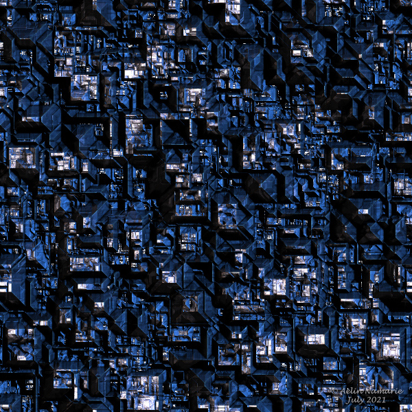 City from the skies
Do you want to admire an alien city from skies by night? It's possible thanks to Filter Forge!

Open the program, and go in the Library Filters. There, choose Textures => Techno.
For this tutorial, I have choosen Preset 1. Warning: the shape isn't necessary the same for everyone at the beginning, whence a difference in your render compared to mine.
In Settings:
- tick the Metallic case.
- tick also Seamless Tiling.
- for the Background color, choose a light color such as 8DB6FF (a blue one). The choice of a light color allow to enlight your city.
- Roughness is 21.
- Radius is done in 70 to augment the difference between streets and roofs.
- put Scale with 81.
- keep Strech to 0 if you like the shapes of the structures.
- give 100 like number for Details, to add more buildings and shapes on your roofs.
- put Size, pixels in 300, and Variation to 7443 to find something similar to this tutorial.
In Lightings:
- Environment => Entrance, Night.
- keep Brightness to 0.
- put the Saturation to 84.
- to allow to see buildings, put Surface Height to 98.
- tick Ambient Occlusion (but not Reflective Occlusion), and keep Ambient Light in black.
- Occlusion Quality must be Custom.
- back to the top of that tab, and go in Lighting Elements: put the icon with a + around the middle of the dark circle. This will augment even more the light on your roofs.

And here you are, looking a city from a verticale point of view!

(only the signature was added in another program)
