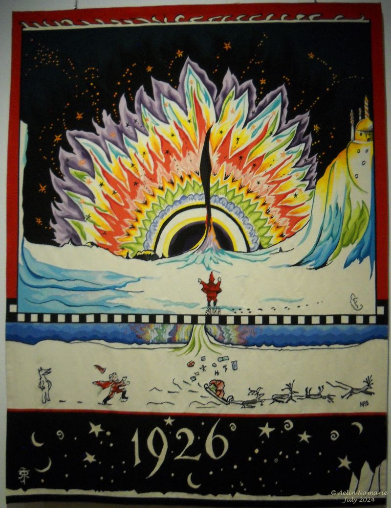 Christmas 1926
That year, like often, the White Bear made a silly thing: he made the annual firework, meaning the aurora borealis, too big!
The tapestry is like the drawing, made of 2 images: 1 made by "Father Christmas", the other is signed NPB (North Polar Bear).
