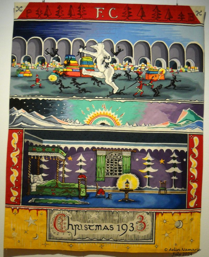 Christmas 1933
It seems to me the second tapestry was "Christmas 1933" but I maybe make a mistake. Anyway, no matter what is the one of the 3 Christmas tapestries which came in second for the hanging wall, it ended the research of colors for the rest of the works to come. Specially with the red.
Tolkien decided to play "Father Christmas" for his children, and each year, for around 20 years, he sent a letter to them. With often an adventure of Father Chritmas, or his helper, the white bear.
In 1933, the "goblins" attacked in all the Father Christmas' houses. The Elves of Christmas helped the bear to catch or repeal them.
Yep, even in North Pole, you could find a taste of Middle Earth!

