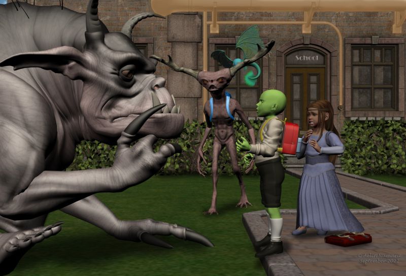 A day at school
"I always told you: you are forbidden to eat the animals of the others. Now spit!"

********
Xerr, on Daz3d
Xeeder, by Dinoraul (RMP)
Mystikoi, by Ryverthorn (Daz3d)
