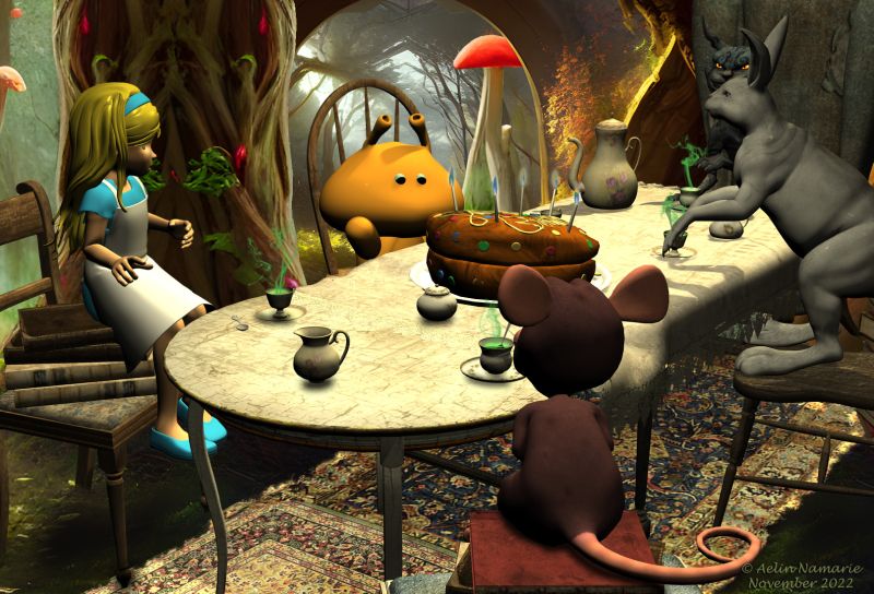 Another world in Wonderland
Alice is still taken back to a younger age when jumping in Wonderland. It's her fifth trip and for the celebration, a guy from another world felt in the party.

********
Christmas Party, by Kaleya (RMP) [dress for Sadie]
Cooking Girl for Sadie, by elleque
Cheshire Cat, by Summoner (FRM)
Bunny, by Summoner (FRM)
Ratty Mouse by mdd (on Sharecg I think)
Lil'Martian, by Mada
several Cybrea's backgrounds, on RR
A Curious Tea, by LaurieS (Daz3d)
A Curious Tea: Drink Me, by LaurieS (Daz3d)
