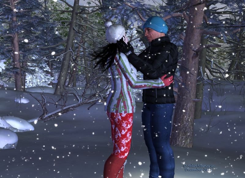 Just before the first kiss
Persefoni for V4, by Katt (FRM)
NLF Winter Time [was on PFDdelights] (with my own textures for the occasion)
Rattlesnake Jake for M4, by Sidhe Rose Graphics (FRM exclusively)
Down Jacket for M4, by manomano
