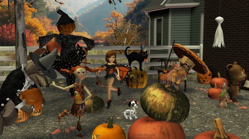 Before the party
This year, the Halloween party in Sadie's disctrict will be at the Bear family's house. But the preparation went slower than expected, so Sadie and some of her friends came to help them.
Fun is beginning even before it's the party time!

********
Big Bad Wolf, by 3Duniverse (Daz3d)
Diamond Base Character, by Capsces Digital Ink & Lady LittleFox (Daz3d)
Zlata, by Nursoda (RMP)  [with Zlata's nightmare, by Aelin]
Sadie Fae, by DragonFly (RMP)
Ole for Pippin Basket, by Dragonbreath [was on Sharecg; no longer available]
Pippin Hallow [for the broom]
Pocket Pets bundle, by 3Duniverse (Daz3d)
Photo Buffet: Pumpkin Field, by ShaaraMuse3D (RMP)
Creepy Jack, by CathyY (FA Halloween 2020)
Helloween Fun Pack, by Keihan (FRM)
Witch broom and hat, by Aelin (FA Halloween 2019)
Pumpkin Jack's Pumpkin Patch, by David Brinnen & ForbiddenWhispers (Daz3d)
Witch Table, by Summoner (freedom-of-art)
Fae Candle, by MortemVetus (RMP)
Modular 3D Kits: Farmers Fields, by ShaaraMuse3D  (RMP)
Movie Sets, City Block 20 by RPublishing & DreamlandModels (RMP)   [home 11]
