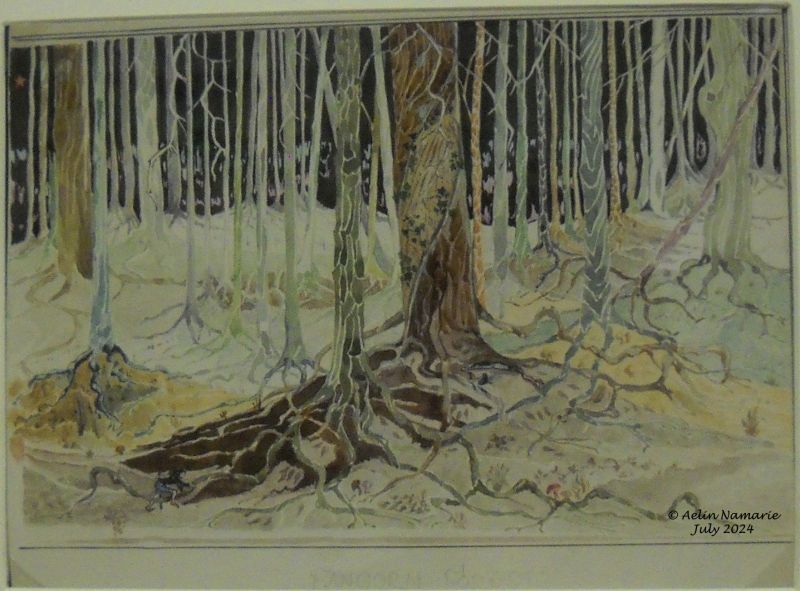 Beleg finds Flinding in Taur-nu-Fuin (2)
Tolkien's drawing is less colored than the tapestry. In a way, the tapestry is in the same idea than what did Peter Jackson in "The Hobbit" for Mirkwood - psychedelic trees.
The red star is Carnil. It's a star made by the goddess Elbereth (one of the names for Manwe's wife) to defy Morgoth. She is the more loved by the Elves, because they are born under the stars and it was the first light they knew.
