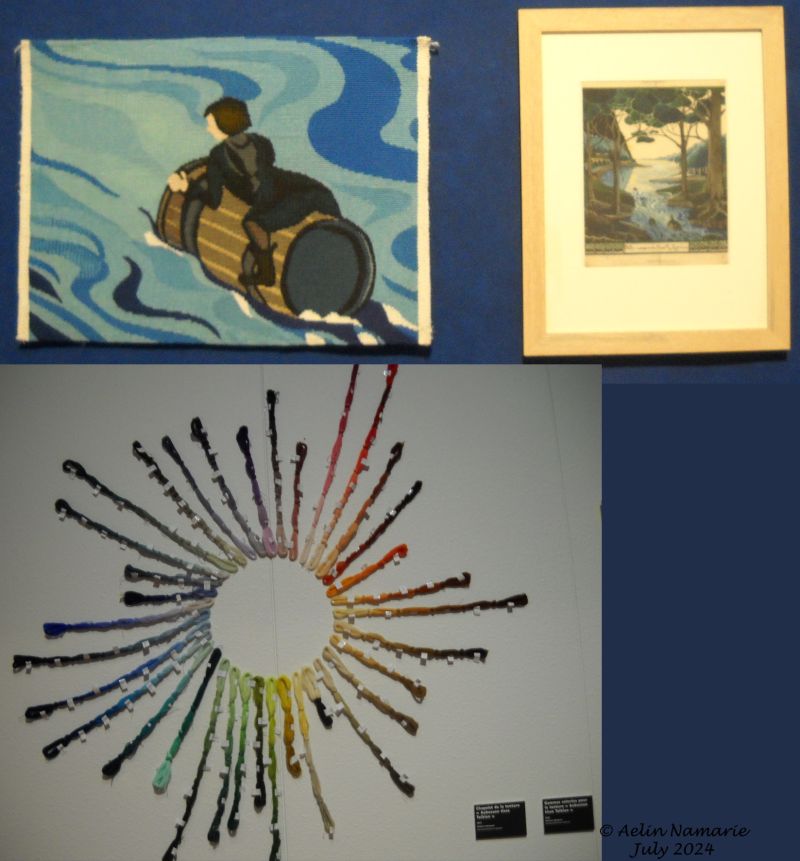 Bilbo comes to the Huts of the Raftelves (2)
What you see is a duplicata (at your right) of the original drawing of Tolkien.
At the left, you see a sample for "Bilbo comes to the Huts of the Raftelves". It was that tapestry which has given most of the colors used for the rest of the hanging wall tapestries. Because it was looked for not too many different colors, to keep a kind of unity in the hanging wall. At the beginning, there should be only 13 tapestries and 1 carpet.
At the end, there are 14 tapestries and 2 carpets.

The "sun" here is to show all the colors used in the full hanging wall.
