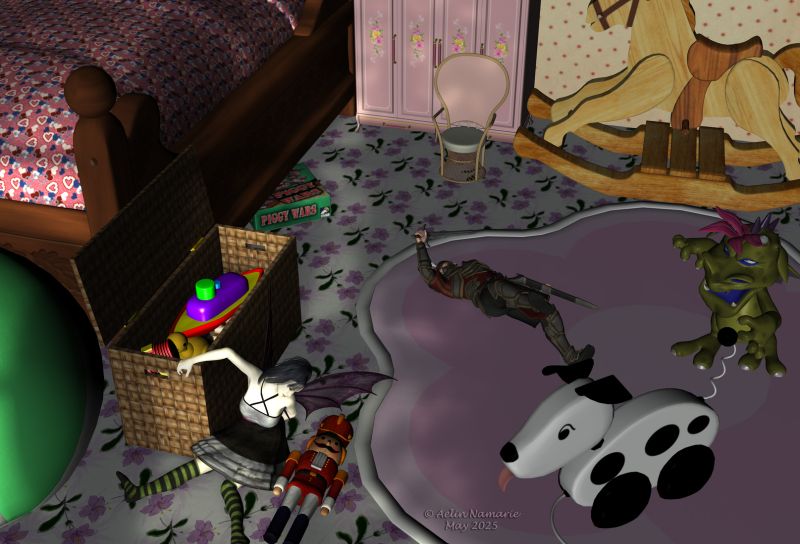 Children's departure
When children of the house have to go off for school, and they left the play in the middle.

********
NR Bellatrice V4, by NatRat (RR)
Horror Doll, by SWAM [sponsoring showcase]
Bean Sidhe, by kaydream
Paladin Armor for M4, on Xurge3D
Monsters In My Cupboard, by 3DUniverse (Daz3d)
Beach ball, by Zippo
Toy boxes, by Aelin
Toy Hammer, by Zippo
Toyboat, by Mostdigitalcreations
Lil Pup, by Ngartplay
PonyRocker, by AinesRealm
Board Games, by Valandar (Daz3d)
Dool Furnitures, by elleque
Sweet Dreams, by Mada [I changed a part of the textures]
