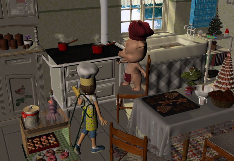 Christmas Eve
Fortunately, the effects of the beverage were short.

Another thing Piglet is able to do well, it's cooking. He volunteered when Sadie asked for help concerning the Christmas dinner.

Previous scene: https://www.thefantasiesattic.net/attic/cpg/displayimage.php?pid=45702

********
Toon Girl Sadie, by 3Duniverse (Daz3d)
Girl Cook, by elleque
Pocket Pets bundle, by 3Duniverse (Daz3d)
Pocket Christmas, by Aelin (Christmas 2024 page)
Monsters In My Cupboard, by 3DUniverse (Daz3d)
Pavement Cafe, by elleque (Sharecg)
Gingerbread set, by Karth
Messy Baker, by Perpetual Revision (RR)
Candy Tree, by Nebreah2
Advent Calendar, by Amanda Thayers (Christmas 2023 page)
Christmas tree, by 2nd World (RMP)
Snow Globe, by GCloud (RMP)
Secret Santa, by -wolfie- (RMP)
Coffee mill, by Zippo
French Style Shabby Chic Vol 2" Kitchen", by Anima Gemini (Daz3d)
The Hill Backgrounds, by Aelin (FRM exclusively)
