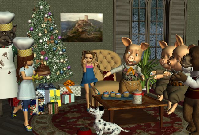 Christmas Family
And not all Sadie's friends are shown, but they are present!

In fact, I had planned to post that scene before the first image from the new Sadie's life chapter. But we moved the forum, and it was supposed to be for teh December contest. Then brain forgot it!

********
Toon Girl Sadie, by 3Duniverse (Daz3d)
Good Cook Girl, by elleque
Christmas Party, by Kaleya (RMP)
Dawg, on Mostdigitalcreations
Mae, by Capsces Digital Ink (Daz3d)
Loosey dress, by elleque
The 3 Little Pigs, by 3Duniverse (Daz3d)
Big Bad Wolf, by 3Duniverse (Daz3d) [textures by trumarcar]
The 3 Bears, by 3Duniverse (Daz3d) [textures by trumarcar]
Toon Holiday Table, by Aelin (FRM exclusively) [trays only]
Natal Props, by MarciaGomes (AFZ)
Christmas tree, by Truform (RR)
L'Atelier, by Anima Gemini (Sponsor Showcase) [painting]
Rural Chateau III, by Jack Tomalin (Daz3d)
