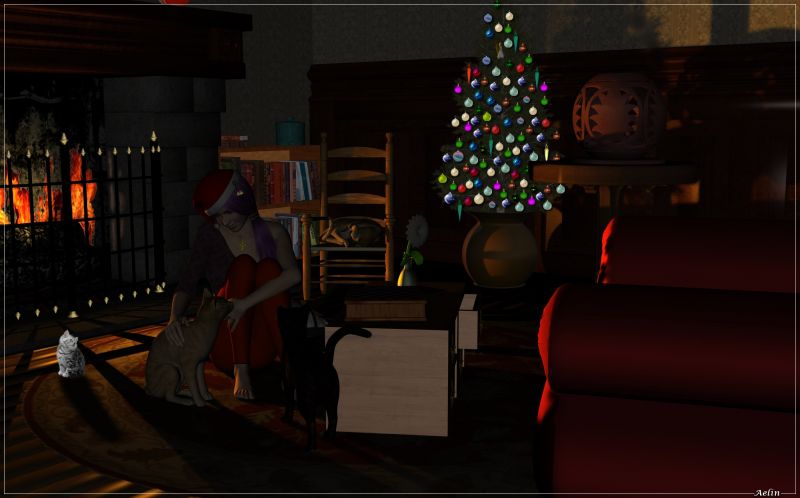 Christmas time
I forget to post here too my other picture of presentation, for "V4 and cat poses"; in our "Merry little Christmas 2014".
For Poser and Daz users (because poses are in pz2).

Little cat is a tube by Jade Eden (on CP)
Armchair in “Natal Props” pack, by MarciaGomes (on Attic Free Zone)
Jingle Bells hair, by outoftouch
Living room environment, on Daz
