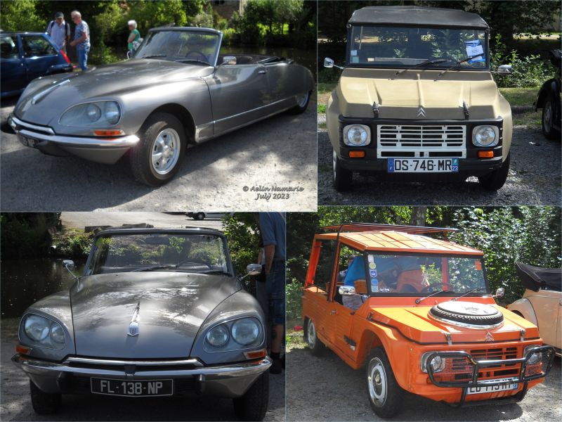 Citroen 2
The left car is a model very well in action in French movies in the end of 60's, beginning of 70's.
I don't know the 2 other models, but I suspect it was the beginning of 4x4 or approaching in France... for very short road.
