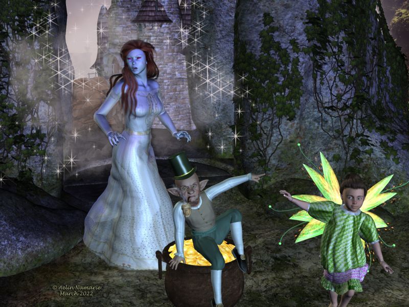 Creatures of the Sidh
Once, they were the Tuatha De Danann.
Banished by the Milesians, they found their place in the Other World: men became the Leprechauns, while the women became the Banshees and the faes. All of them have still formidable powers if you annoy them.

Winter Queen [was on RDNA]
PollyAnna dress, by Mada (on her site) [textures by Marieah]
Alluring Wings, by Maria (on Sharecg)
Natural smoke, by Keihan (RMP)
Shroom Castle (Daz3d)
