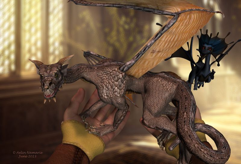 Dragons Trainer
Tiny dragons of all kinds find their home thank to him.

********
Renaissance Tunic for Mike 4, on Xurge3D 
Squee the Little Fae Dragon, by Mada (Daz3d)
Goth Fantasy Backs, by Kathryn DesRoches (FRM exclusively)
