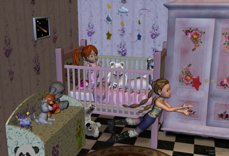 Falling Star
Catch a falling star before the baby cries: that's definitively not the Mae's favorite game when she makes babysitting and the mobile is failing!

********
Kit - Base Pack, by Capsces Digital Ink & Lady LittleFox (Daz3d)
Mae, by Capsces Digital Ink (Daz3d)
Rabbit Mobile Toy, by elleque [I removed the rabbits to add my own stars, modeled in Wings3d]
Toy boxes, by Aelin (AFZ)
bear, on Most Digital Creations
several png from KCTC
Crib, by Teri Perkins (Sharecg)
Pink oak room, by Nathy (Daz3d)
