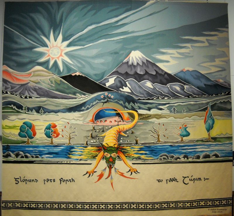 Glorund sets forth to seek Turin
That tapestry shows Glorung leaving the Nargothrond caverns to look after his greatest ennemy: the human Turin.
Glorund is the most powerful of the dragons. His eyes act like Medusa in a way, able to freeze anyone for a while, in a mind against mind fight. Of course, the dragon is the winner is such cases.
Beleg is dead since years. Like Flinding/Gwindor after him, but that one unfortunately took Turing until Nargothrond where his curse followed him once again...
Here the "father of all dragons" is going to his end.
