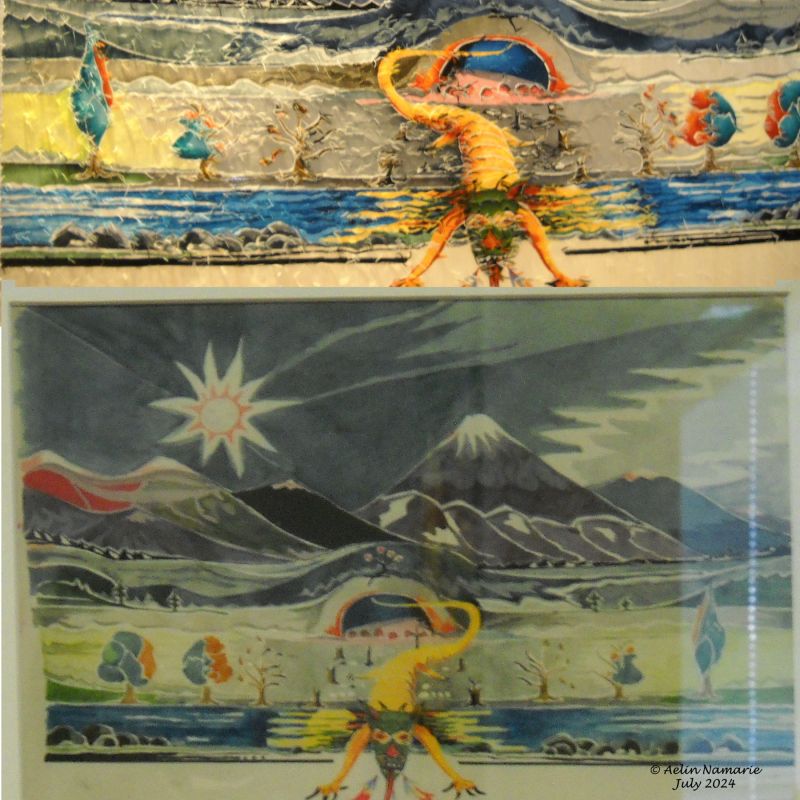 Glorund sets forth to seek Turin (2)
Light isn't exactly good to show the back of the tapestry "Glorund sets forth to seek Turin". But you can more or less notice the threads on the back. It's a way the Aubusson tapestries are recognizable. Threads are sewed behind the tapestry to stay together.
Note it allows to fix a tapestry with its real colors after long periods of time. If the back isn't turned under the sun for example. Because the light and the conditions of keeping a tapestry are essential for they pass through the time.
We can see here the sun wasn't making a ;) on the drawing (bottom image). If you look the tapestry, you will find it doing that. I have no idea why it was made. Possibly to respond to the Christmas 1928 tapestry, where the Moon does ;)
