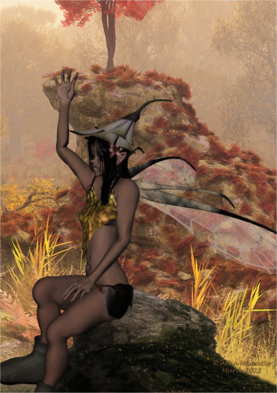 Hello!
I guess she is calling for the fairy in Scouseaphrenia's image!

I used some of her everyday clothes to go with her fairy stuff.
Ended by working in Foto Sketcher.

********
Anime Girl Kristin 2.0, by TheSchell (Sharecg)
Fae Folk for ANime Girl Kristin, by TheSchell (Sharecg)
background, by Justmel (art-by-mel)
