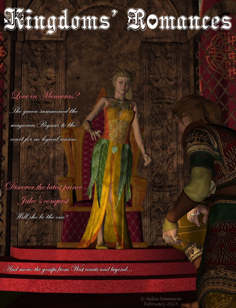 Kingdoms' romances (full colors)
In all times and in all countries, love stories have always interested people

********
Elfin for V4, by Mada & Sarsa & Thorne (Daz3d)
Elven seasons for Elfin V4, by Aelin (FRM exclusively)
Gaia for Victoria 4, by Ravenhair (Daz3d) [vines and slippers only]
Renaissance Tunic for Mike 4, on Xurge3D
Monumental, by powerage (RMP)
Castle Corridor Construction Kit, by 3-D-C (RMP) 
