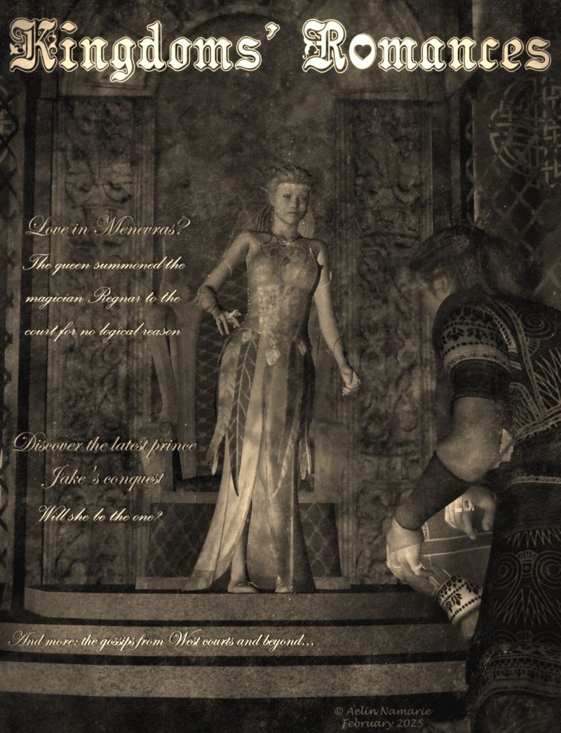 1st Place~Kingdoms' romances
In all times and in all countries, love stories have always interested people

********
Elfin for V4, by Mada & Sarsa & Thorne (Daz3d)
Elven seasons for Elfin V4, by Aelin (FRM exclusively)
Gaia for Victoria 4, by Ravenhair (Daz3d)  [vines and slippers only]
Renaissance Tunic for Mike 4, on Xurge3D
Monumental, by powerage (RMP)
Castle Corridor Construction Kit, by 3-D-C (RMP)

FotoSketcher was used for the sepia mood
