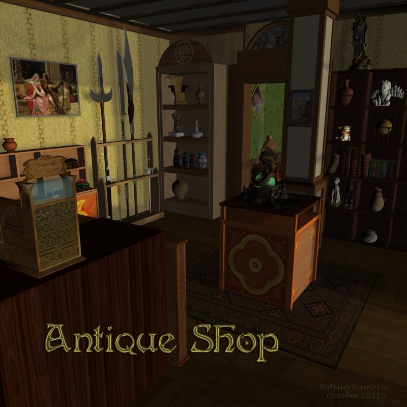 Little Corner: Antique Shop
"Little Corner: Antique Shop" (and I realize only now I called it only Antique Shop on promo renders lol) is the newest in the Littel Corner Collection.
It comes with 2 rooms. You obtain also plenty furnitures, and paintings. A gramophone and 2 rugs comes also.

There is a preaload scene, and all included items will just go in their designated locations. But you can choose to load them one by time only in same location. Or opt for the centered items that you will install as you wish where you want to!
Even the column is a moveable part.

*********
Root Mirror, by Summoner (FRM)
Jade Dragon, by Summoner (on his site) 
Scroll Throne by Calievee (Christmas 2020)
Matryoshka Fantasy, by Jean-Luc Ajrarn (sponsors page)
V4 Sword kit, by midnight_stories (FRM)
Antique Cash Register, by hypnagogia (Sharecg)
Bar Globe, by hypnagogia (Sharecg)
Middle Ages Streets, by Earwen (Christmas 2018)
