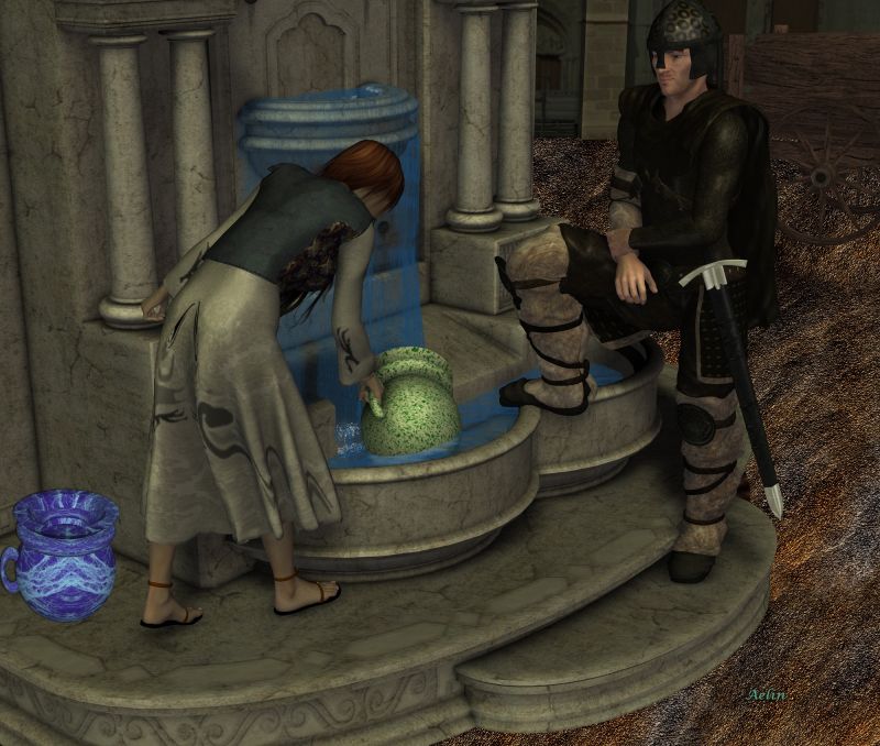 At the fountain
When i start this scene, i want use for contest of Month, on the "envy" theme. But i had problems to create water correctly, and ground too.
I profit of these 'problems' to use finally my vases and rework on. Now, you find them on the "Attic Free Zone" if you haven't see the topic lollllll

*******
Marble vases, by me (in Attic Free Zone)
Ragnarok for M4, by Mortem Vetus (on Runtimedna)
Sword, by Porsimo (on Renderosity)
Irish maiden dress, by Vintorix (seems no longer available)
Fountain found on Daz site by the past
