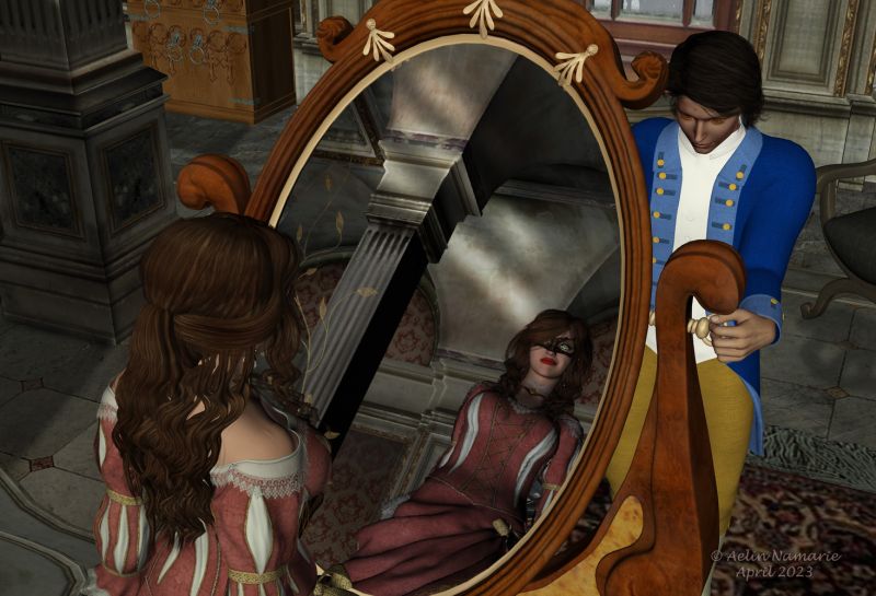 Mirror of soul
In the castle, nothing is done with a good "mask" to play the usual games and interract with the others. Appear and be are inserted.
Last adjustment, and here we go!

********
Mabel through Ages for V4, by Aelin (FRM exclusively)
Fairytale Choker, by Valea (RR)
Deco Mirror, by Nathy Design (Daz3d)
DWD Heath M4, by Dreamweaver Designs (FRM exclusively)
Varsel M4, by Dyald (Sharecg)
Royal Bedroom, by Summoner (Freedom-of-art)
